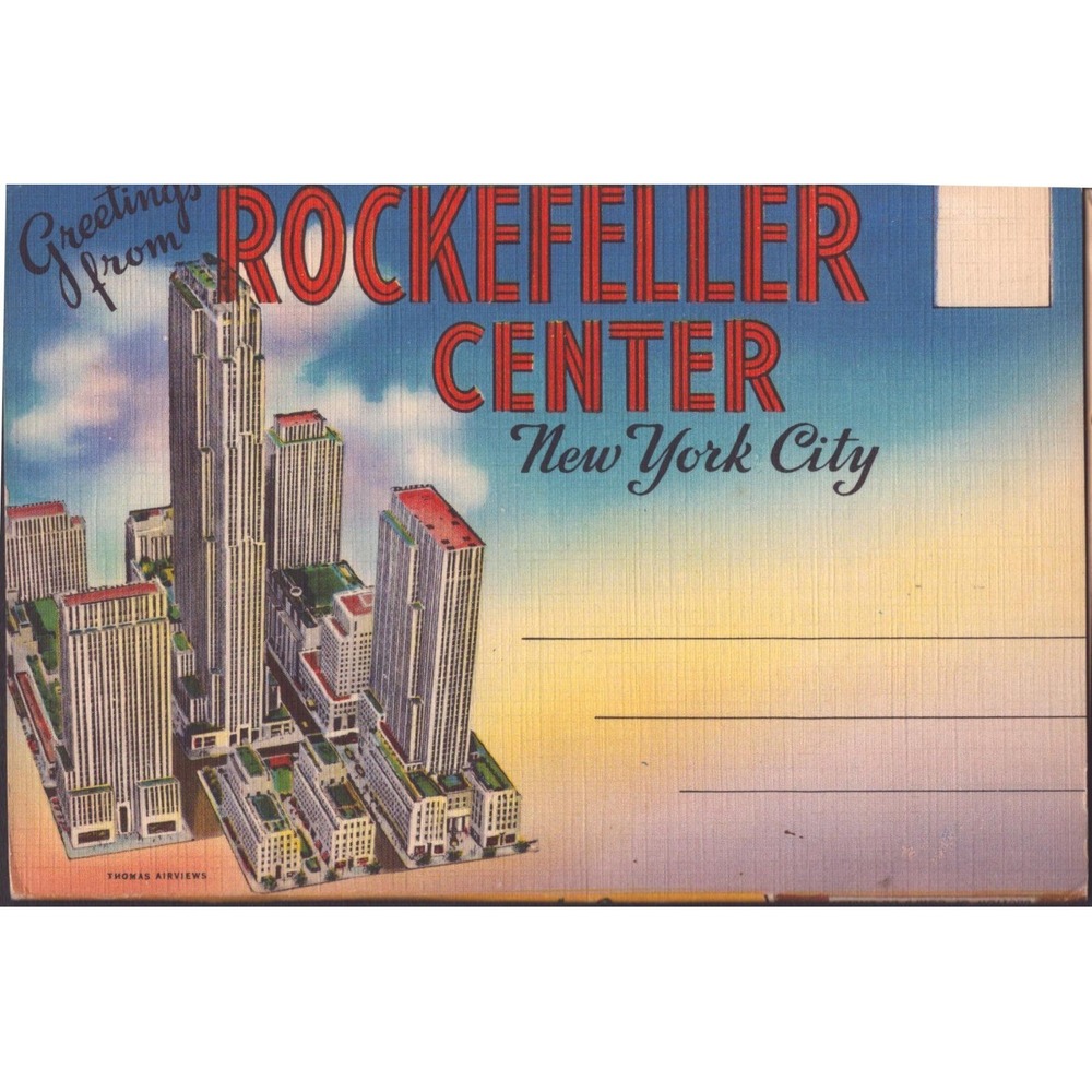 Rockefeller Center NYC New York NY Greetings Linen Postcard Thomas Airviews